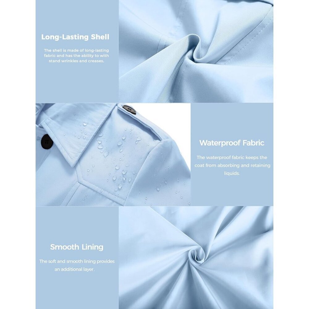 Women's Light Blue Waterproof Trench Coat with Classic Lapel and Belted Design - Picture 6 of 6